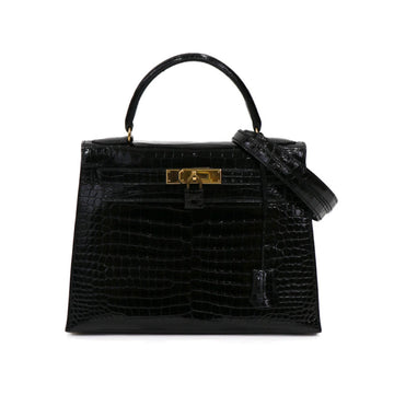 Hermes Kelly 28 Crocodile Black Gold □A Hand Bag 50003