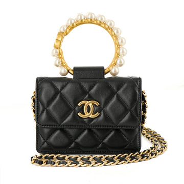 Chanel Mini Pearls Clutch Lambskin Black Chain Shoulder Bag 52120