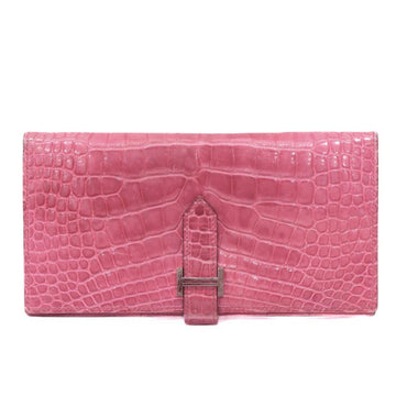 Hermes Bearn Soufflet Alligator Crocodile Rose □N Wallet 23723