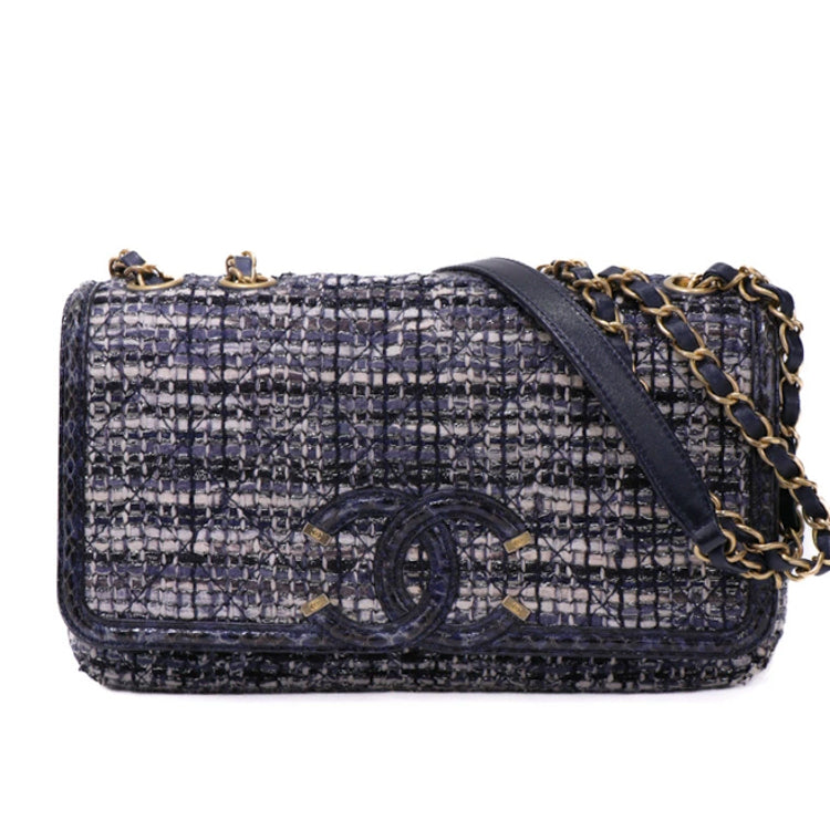 Chanel CC Filigree Matelasse Tweed Navy Chain Shoulder Bag 35417