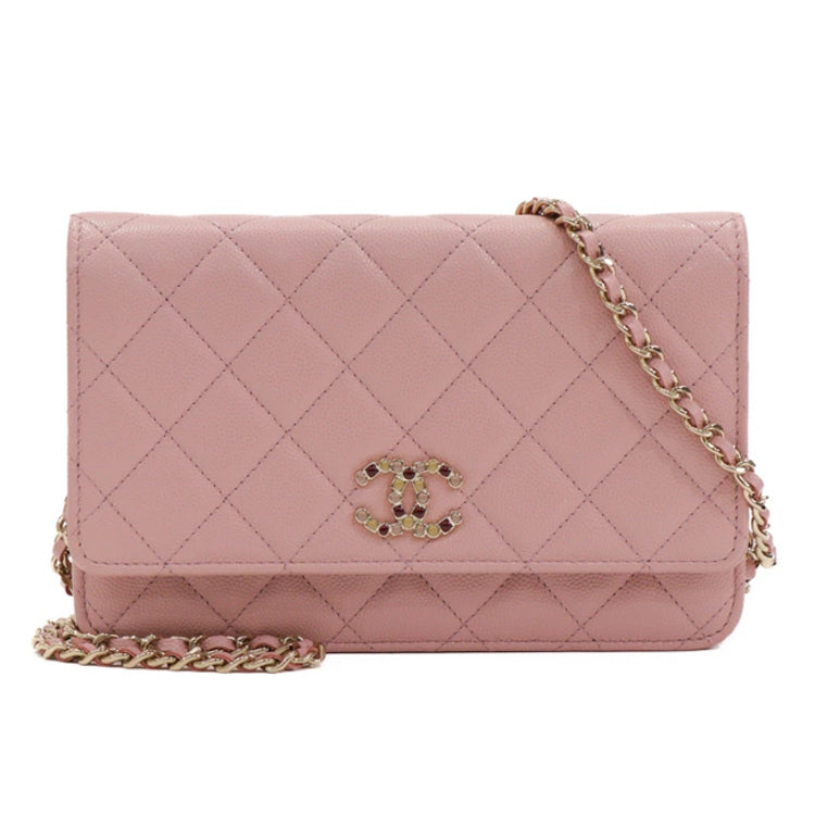 Chanel Matelasse Coco Mark Caviar Pink Chain Wallet 45187