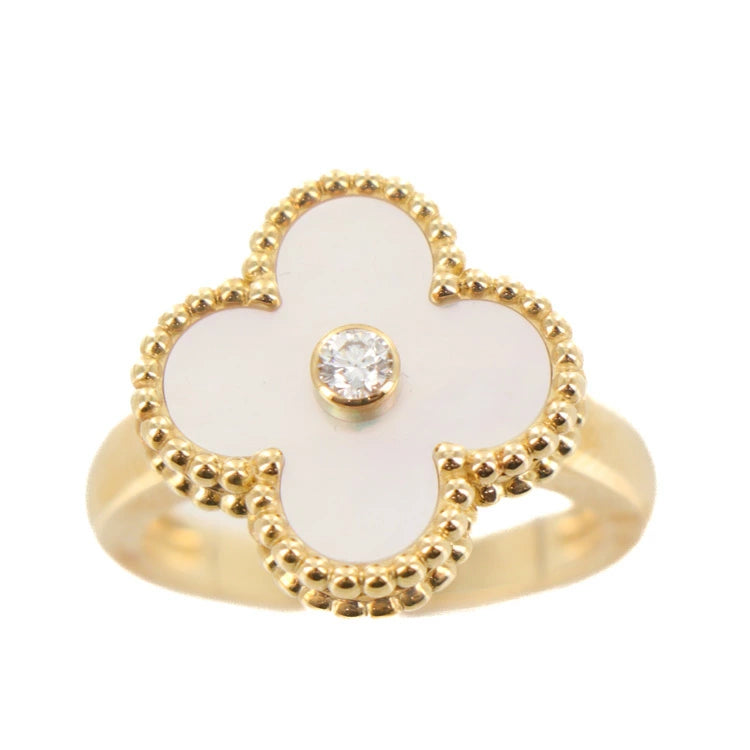 Van Cleef & Arpels Vintage Alhambra 1P Diamond Shell K18 Yellow Gold 49 Ring 4K207