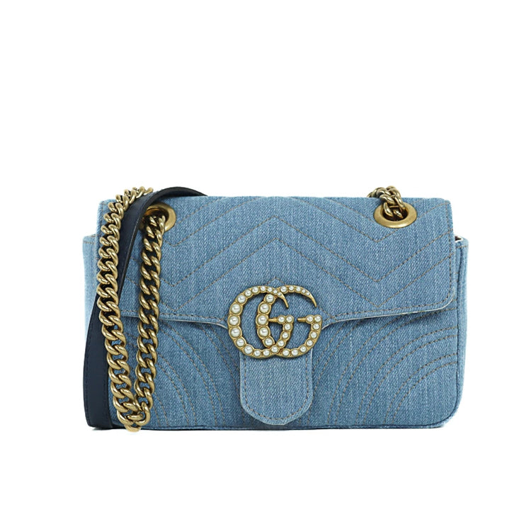 Gucci GG Marmont Denim Pearl Chain Shoulder Bag 4s663
