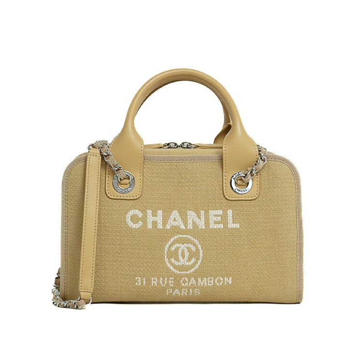 Chanel Deauville 2way Canvas leather Beige Chain Shoulder Bag 4s672