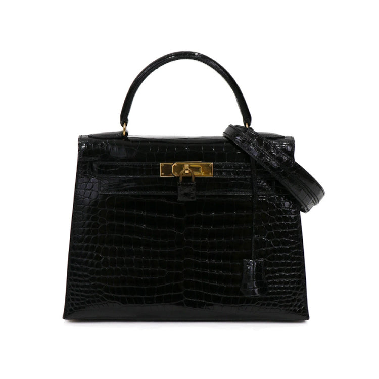 Hermes Kelly 28 Crocodile Black Gold □A Hand Bag 50003