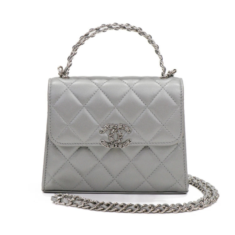 Chanel Flap Mini Top Handle Lambskin Gray Chain Shoulder Bag 50078