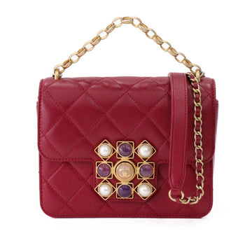 Chanel Pearl  Red Lambskin Flap Chain Shoulder Bag 50531