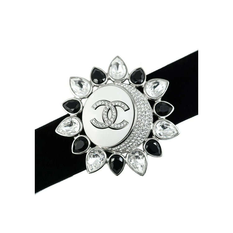Chanel Coco Mark Metal Rhinestone Silver Necklace 51081