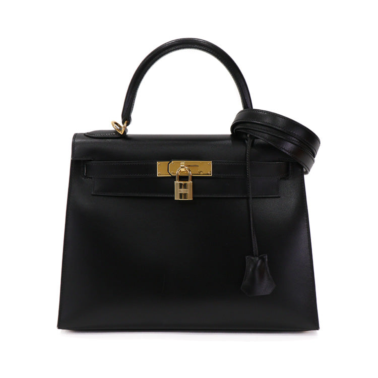 Hermes Kelly 28  Box Calf Black □D Shoulder Hand Bag 51292