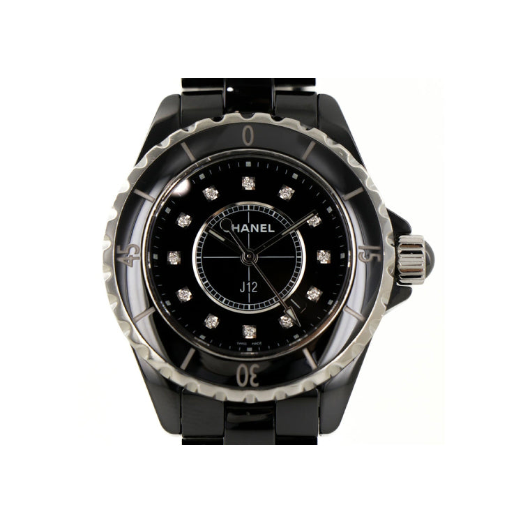 Chanel J12 Quartz Date Black Ceramic Diamond Watch 51954