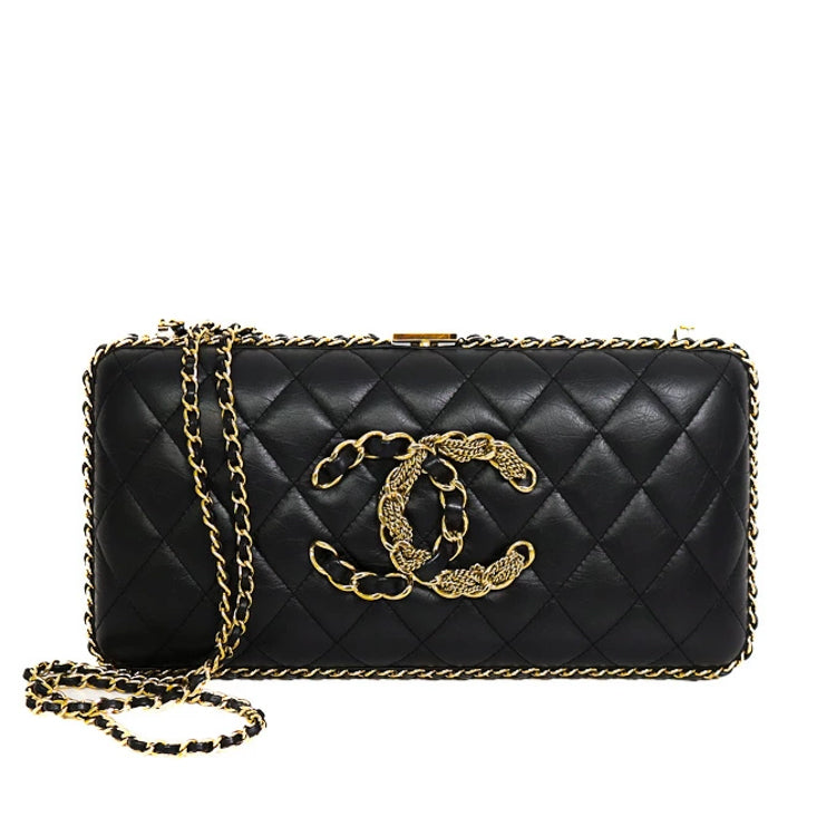 Chanel Coco Mark Lambskin Black Clutch Chain Shoulder Bag 53371