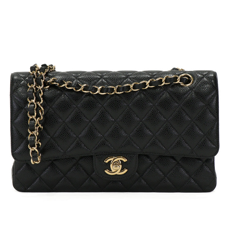 Chanel Classic Flap 25 Caviar Gold Black Chain Shoulder Bag 53373