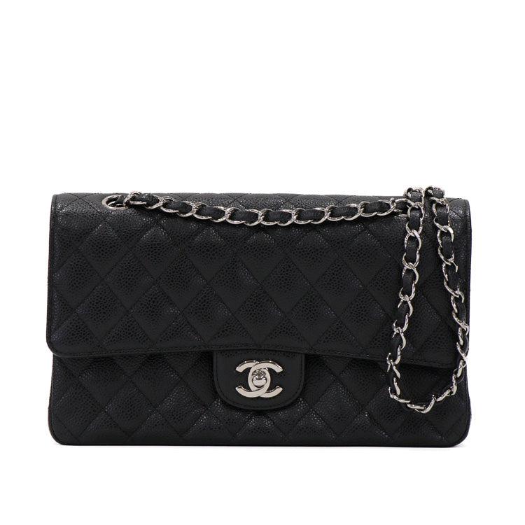 Chanel Classic Flap 25 Caviar Black Silver Chain Shoulder Bag 53417