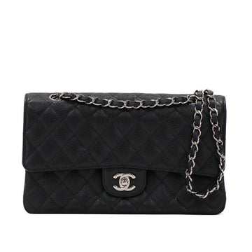 Chanel Classic Flap 25 Caviar Black Silver Chain Shoulder Bag 53417