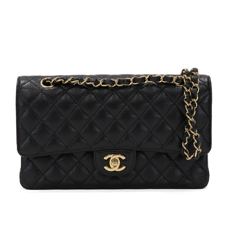 Chanel Classic Flap 25 Caviar Gold Black Chain Shoulder Bag 53418