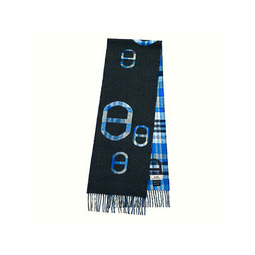 Hermes 100% Cashmere Gray Blue Black Long Muffler 53632