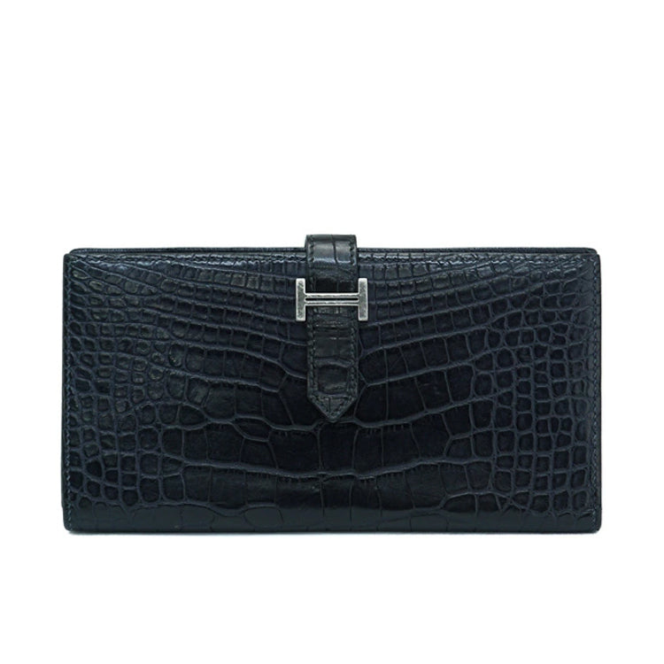 Hermes Bearn Souffle Alligator Matte crocodile Bleu Marine C Wallet 53824