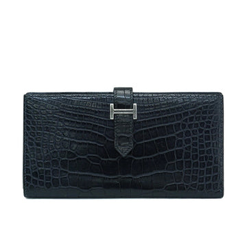 Hermes Bearn Souffle Alligator Matte crocodile Bleu Marine C Wallet 53824
