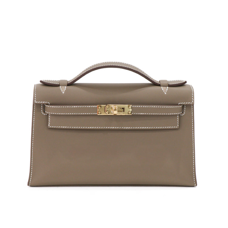 Hermes Pochette Kelly Mini Swift Leather Etoupe W Hand bag 　