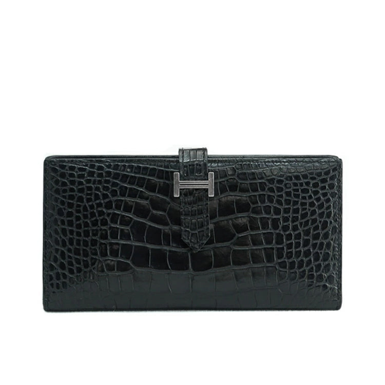 Hermes Bearn Soufflet Crocodile Alligator Matte Black Wallet 54499