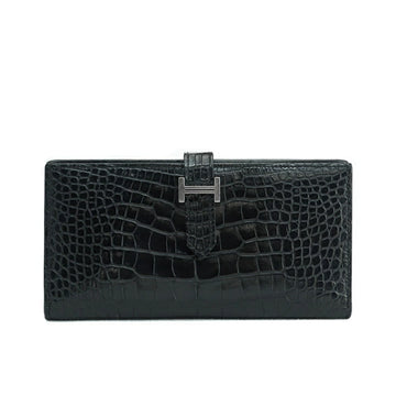 Hermes Bearn Soufflet Crocodile Alligator Matte Black Wallet 54499
