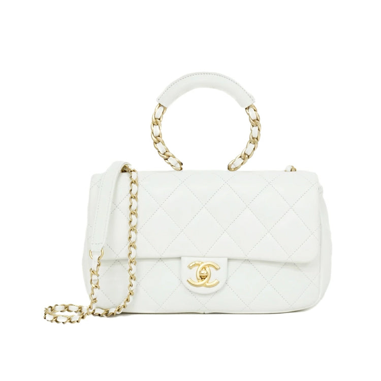Chanel Matelasse Top Handle Lambskin White Chain Shoulder Bag 3S173