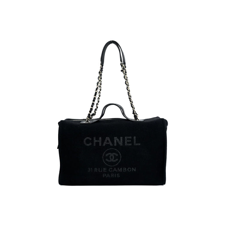 Chanel Deauville Canvas Black 2Way Chain Shoulder Bag Jsw23