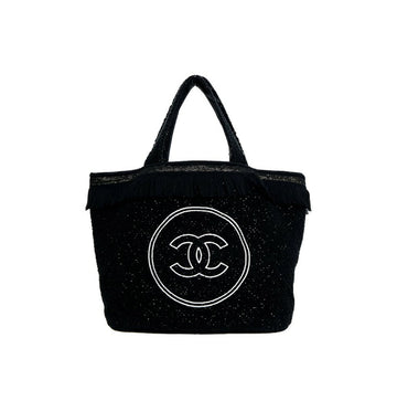 Chanel Coco Mark Fringe Beach White Black Pile Tote Hand Bag 4S384